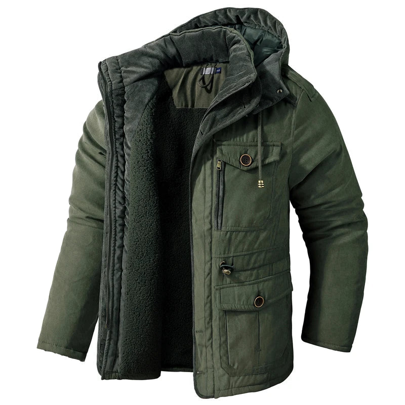 Jaqueta Masculina Tática com Capuz Forro Fleece e Bolsos