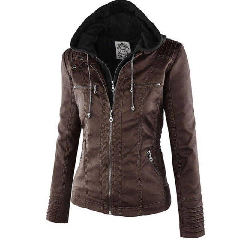 Jaqueta de Couro com Capuz - Frete Grátis FEMININO - VESTUÁRIO - JAQUETA COURO Dm Stores Marrom P