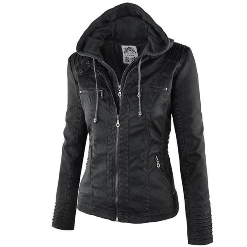 Jaqueta de Couro com Capuz - Frete Grátis FEMININO - VESTUÁRIO - JAQUETA COURO Dm Stores Preto P