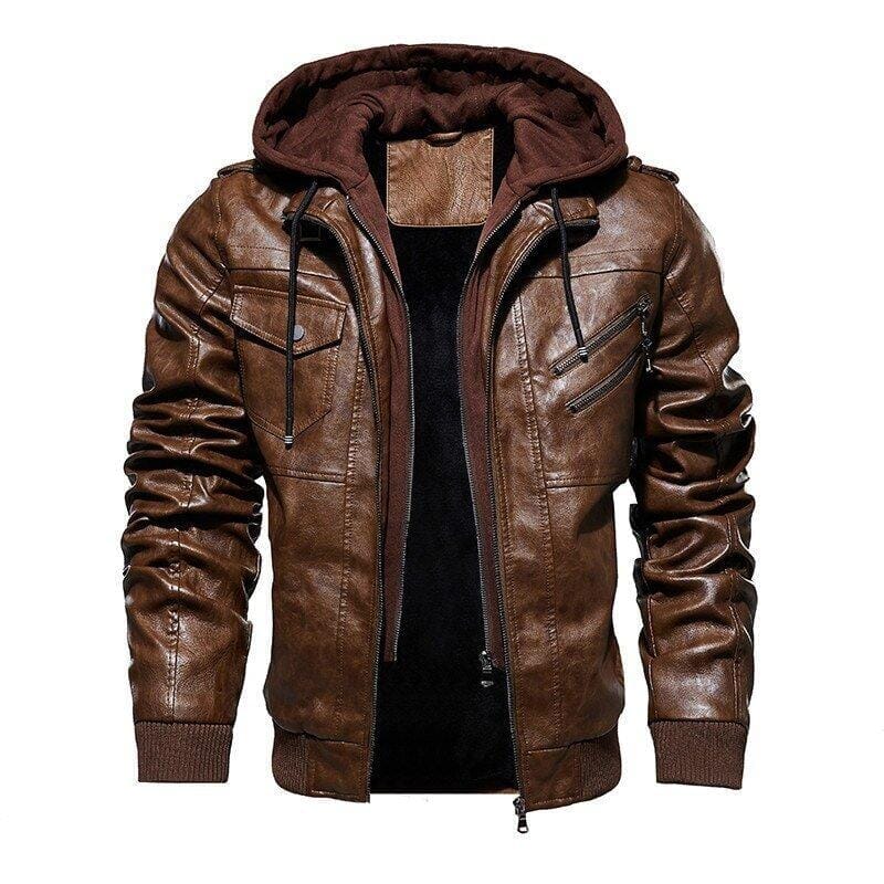 Jaqueta de Couro Masculina Premium com Capuz Removível Roupas (Jaqueta Masculina 14) Dm Stores Café P