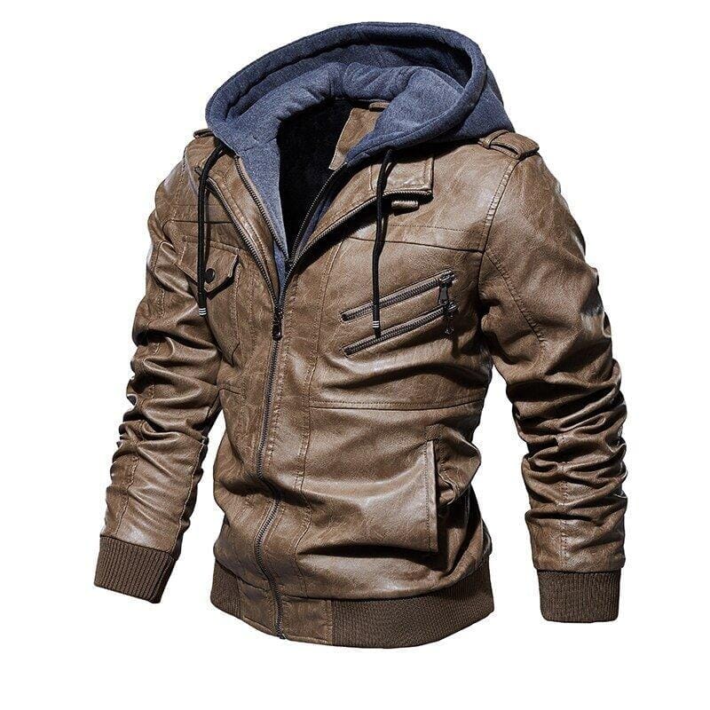 Jaqueta de Couro Masculina Premium com Capuz Removível Roupas (Jaqueta Masculina 14) Dm Stores Caqui P