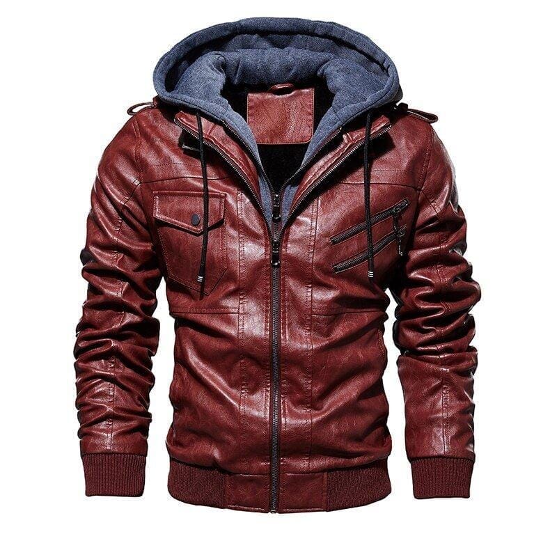 Jaqueta de Couro Masculina Premium com Capuz Removível Roupas (Jaqueta Masculina 14) Dm Stores Vinho P