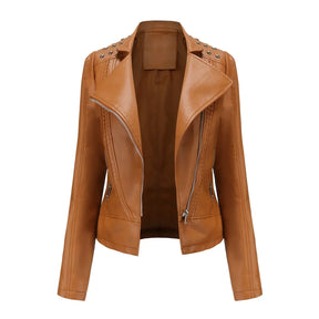 Jaqueta Feminina Slim Estilo Biker com Gola Dobrável e Detalhes Retrô - (Promoção de Inverno 2026)