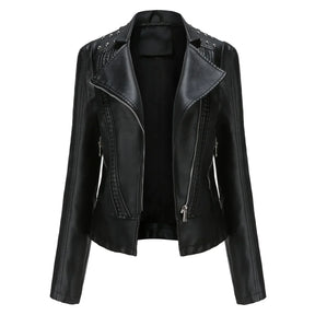 Jaqueta Feminina Slim Estilo Biker com Gola Dobrável e Detalhes Retrô - (Promoção de Inverno 2026)