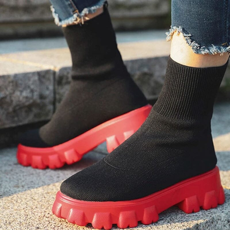 Bota Feminina Coturno FEMININO - CALÇADOS - BOTA COTURNO Dashui Preto & Vermelho 35 