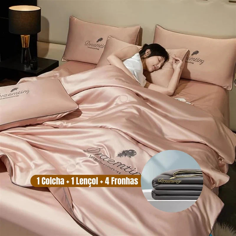 Conjunto de Cama de Seda Gelada Para o Verão [Compre 1 Leve 2] UNISSEX - CASA - CAMA, MESA & BANHO - CONJUNTO DE CAMA Dm Stores Rosa Azul King