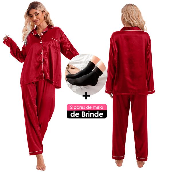 Conjunto de Pijama Cetim +BRINDE: 1 Par de Meias Peluciadas [Compre 1 Leve 2] FEMININO - ROUPAS - PIJAMA 1 Dm Stores Vermelho Vermelho PP