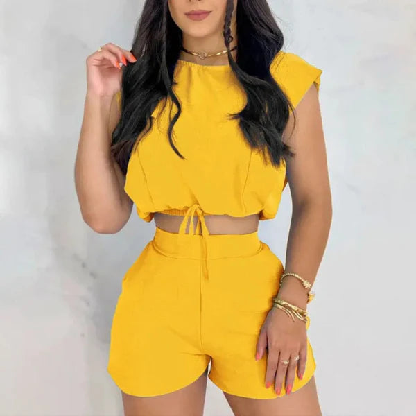 Conjunto de Verão Cropped + Short Cintura Alta Roupas (Conjunto Feminino 3) Dm Stores P Amarelo 