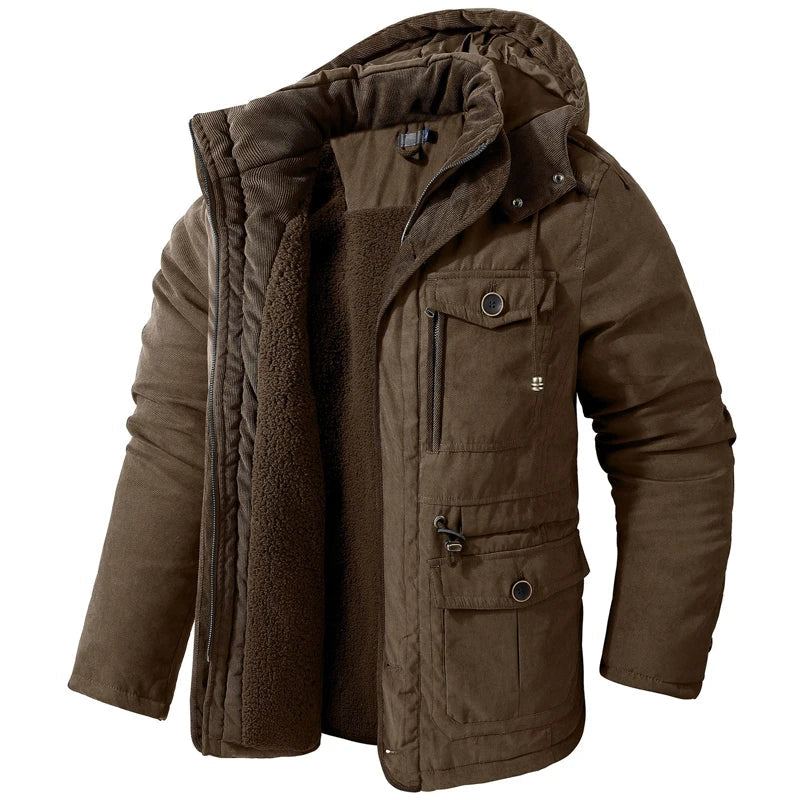 Jaqueta Masculina Tática com Capuz Forro Fleece e Bolsos
