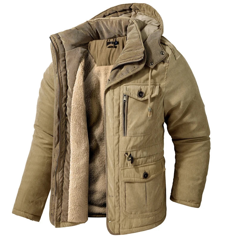 Jaqueta Masculina Tática com Capuz Forro Fleece e Bolsos