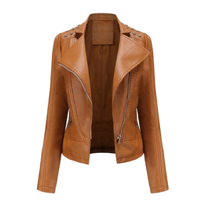 Jaqueta Feminina Slim Estilo Biker com Gola Dobrável e Detalhes Retrô - (Promoção de Inverno 2026)