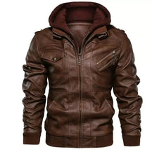 Jaqueta de Couro Masculina com Capuz Jaqueta de Couro Masculina com Capuz Removível Sr Alpha Marrom P 