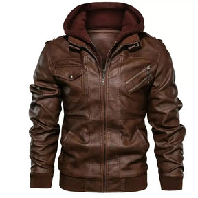 Jaqueta de Couro Masculina com Capuz Jaqueta de Couro Masculina com Capuz Removível Sr Alpha Marrom P 