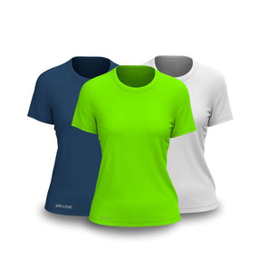 Kit 3 Camisetas Tecnológicas Femininas FitneSmart - Anti Suor FEMININO - ROUPAS - CAMISETA 3 Dm Stores Verde Neon - Branco - Azul P 