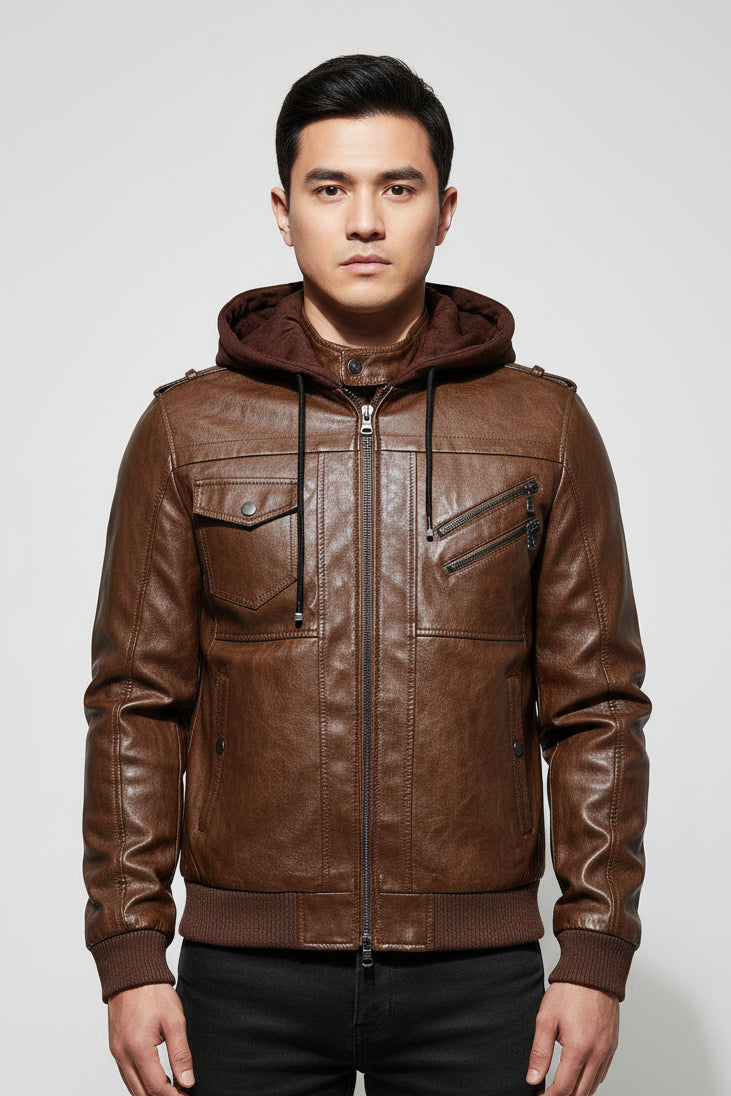 Jaqueta de Couro Masculina Premium com Capuz Removível Roupas (Jaqueta Masculina 14) Dm Stores Café P 